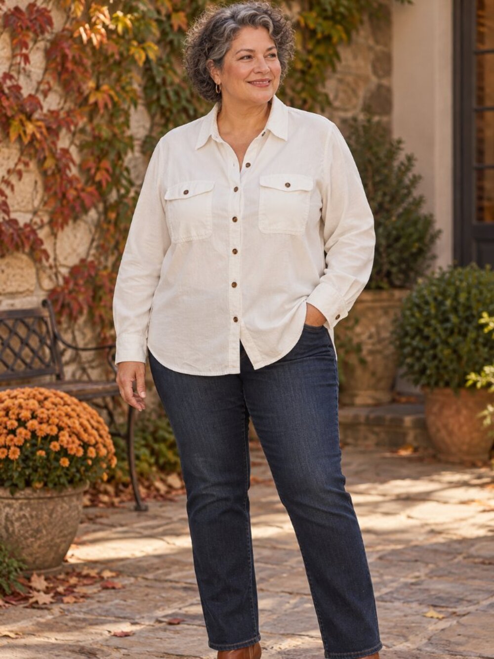 Lands’ End Ivory Lyocell Utility Button Front Shirt Plus Size 2X